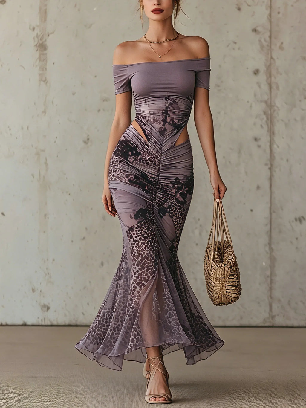 Purple Off Shoulder Leopard Print Bodycon Dress