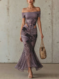 Purple Off Shoulder Leopard Print Bodycon Dress