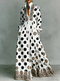 High Waisted Long Sleeves Big Hemline Buttoned Contrast Color Pleated Pockets Polka-Dot Stand Collar Maxi Dresses