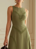 Maxi Linen Dress, Sleeveless, Round Neck, Plain, Lace, Vintage, Green