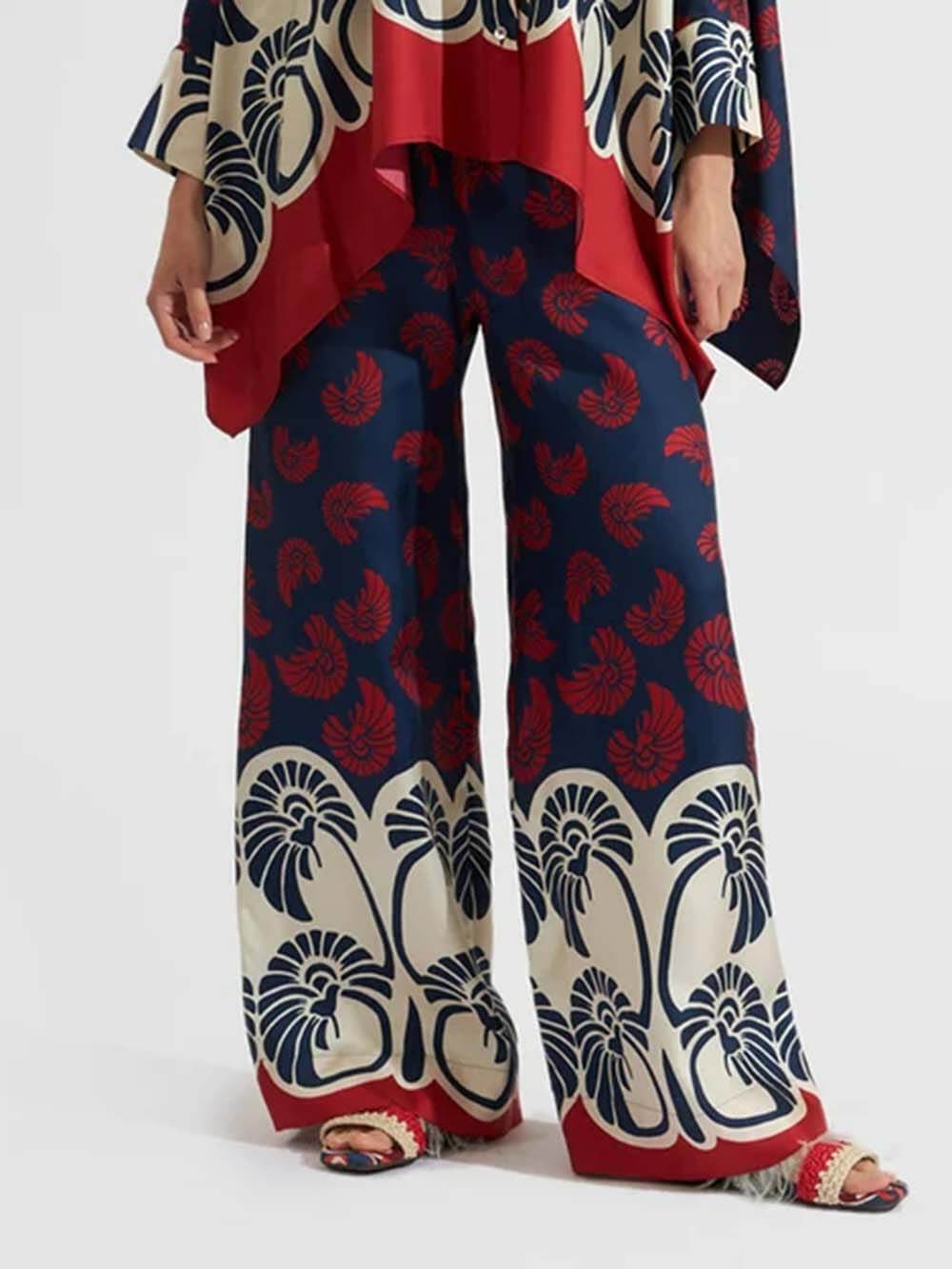 Unique Printed Patchwork Elastic Waist Wide-Leg Pants