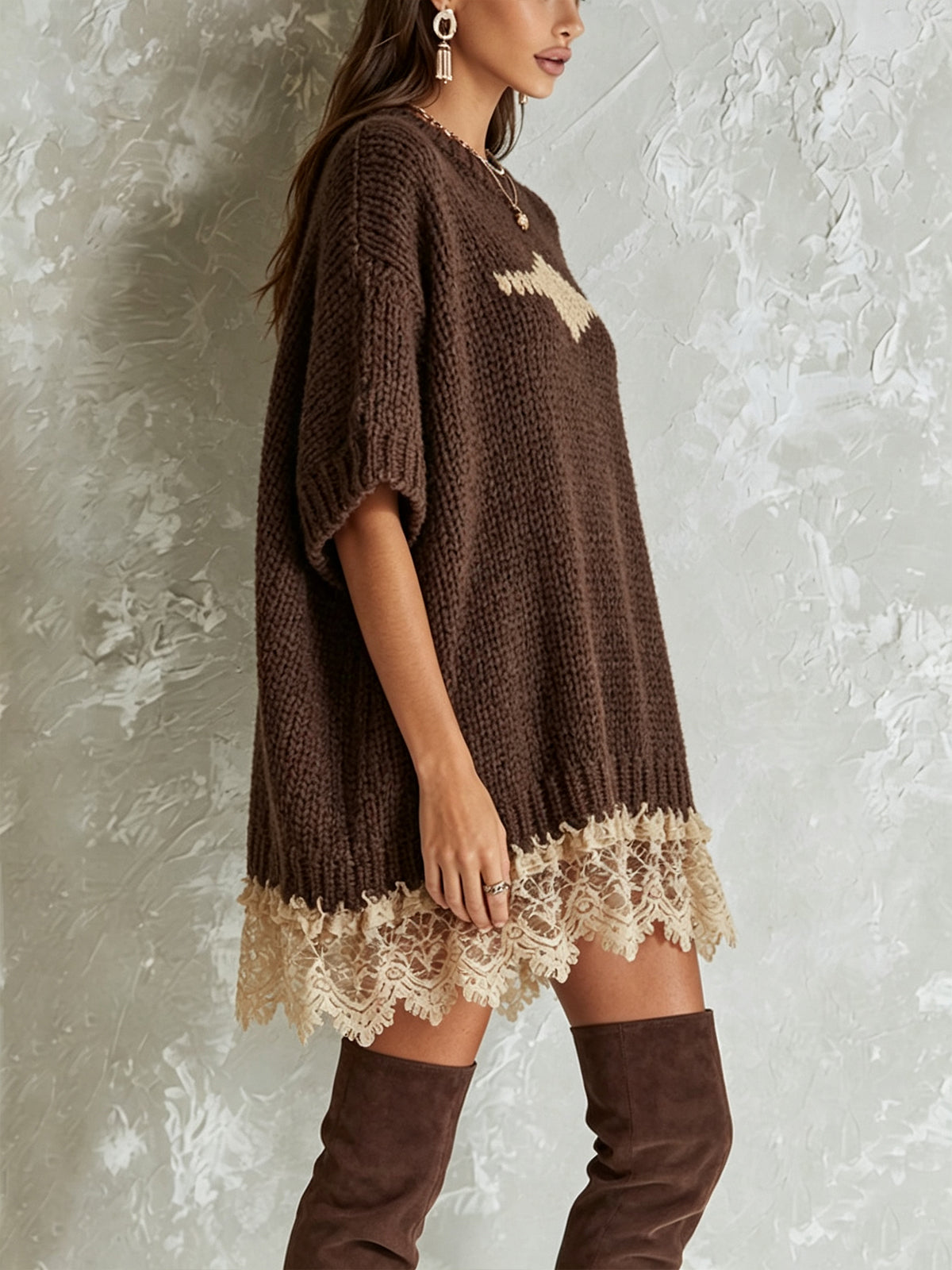 Brown Oversized Lace Hem Knit Mini Dress