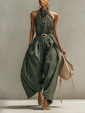 Green Linen Blend Sleeveless Jumpsuit
