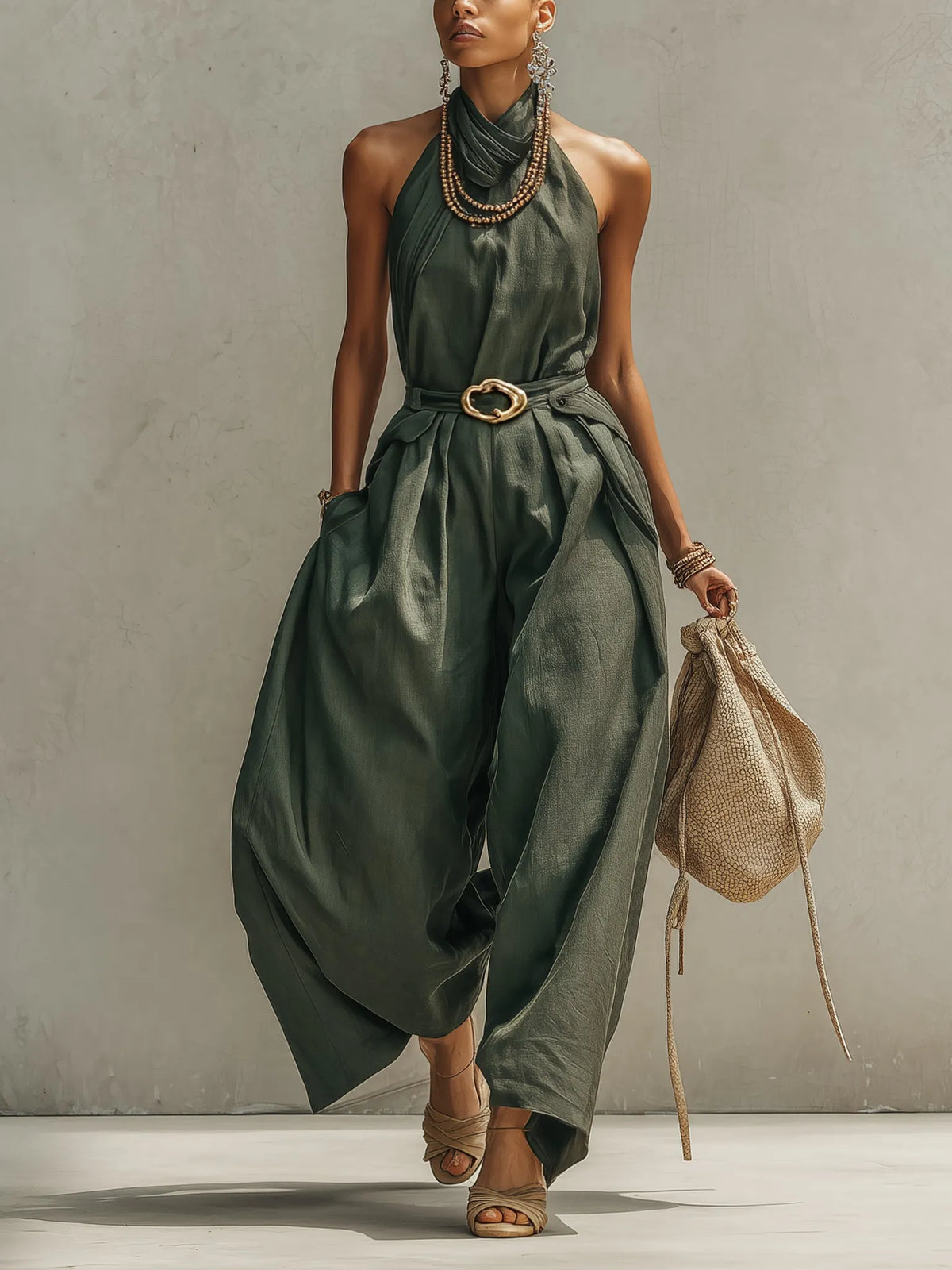 Green Linen Blend Sleeveless Jumpsuit