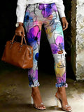 Women's Colorful Floral Gradient Watercolor Print Ripped Skinny Jeans