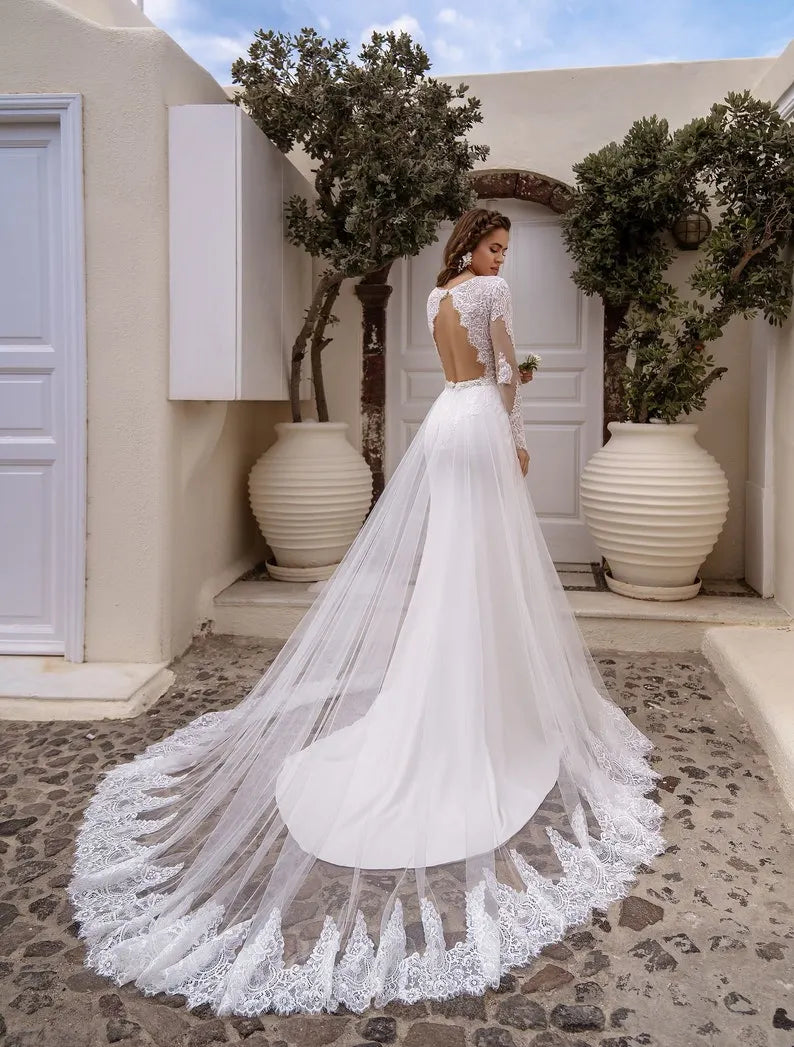 Mermaid Lace Wedding Dress, Open Back Wedding Dress, Boho Wedding Dress, White Long Sleeve Wedding Dress, Bridal Gown, A-line Wedding Dress