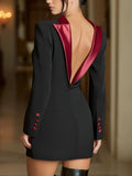Black Blazer Dress With Deep Burgundy Satin Trim & Open Back Detail