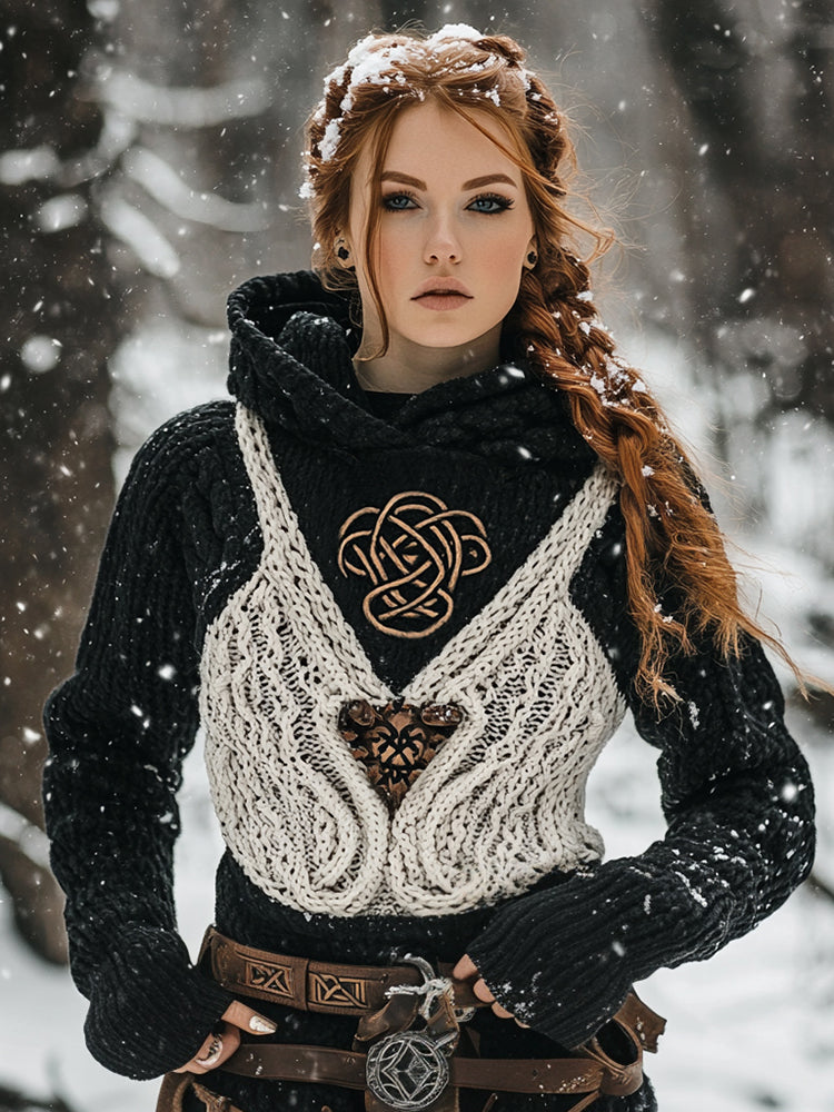 Women's Viking Tribal Jacquard Celtic Inspired Chunky Knit Hooded Sweater
