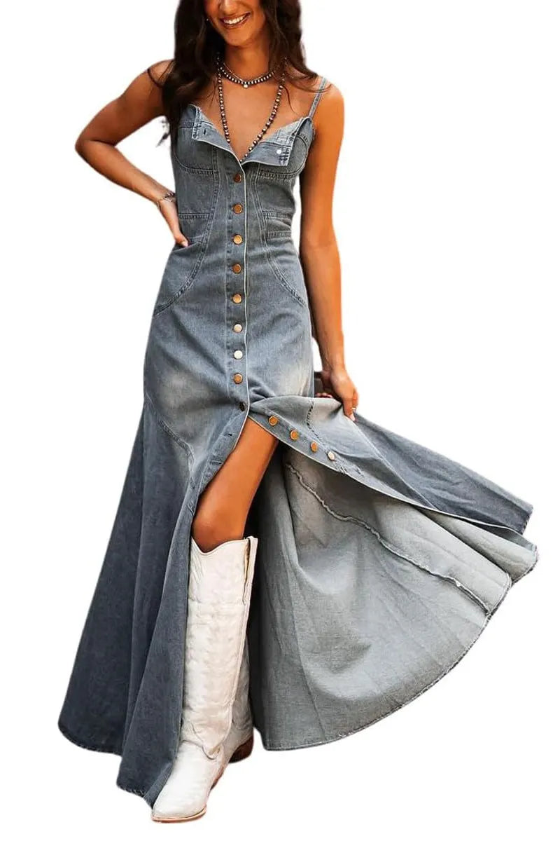 Women's Spaghetti Strap Smocked Back Denim Dress Button Down A-Line Swing Flowy Maxi Jean Dress