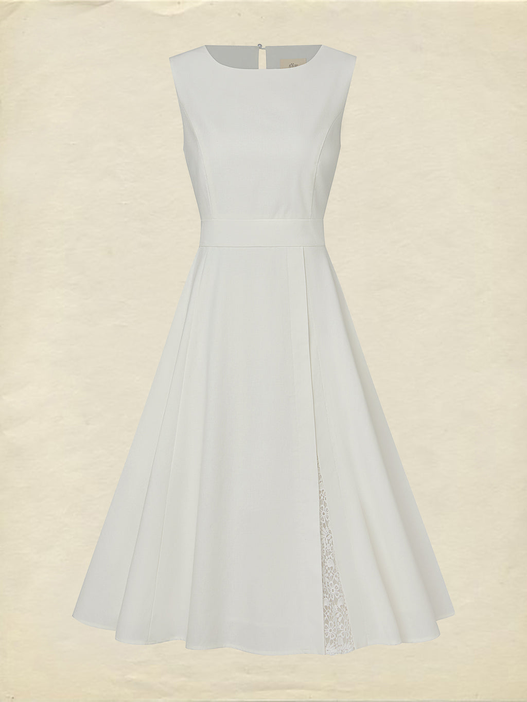 Midi Linen Dress , Sleeveless, Round Neck, Plain, Lace, French Vintage, White