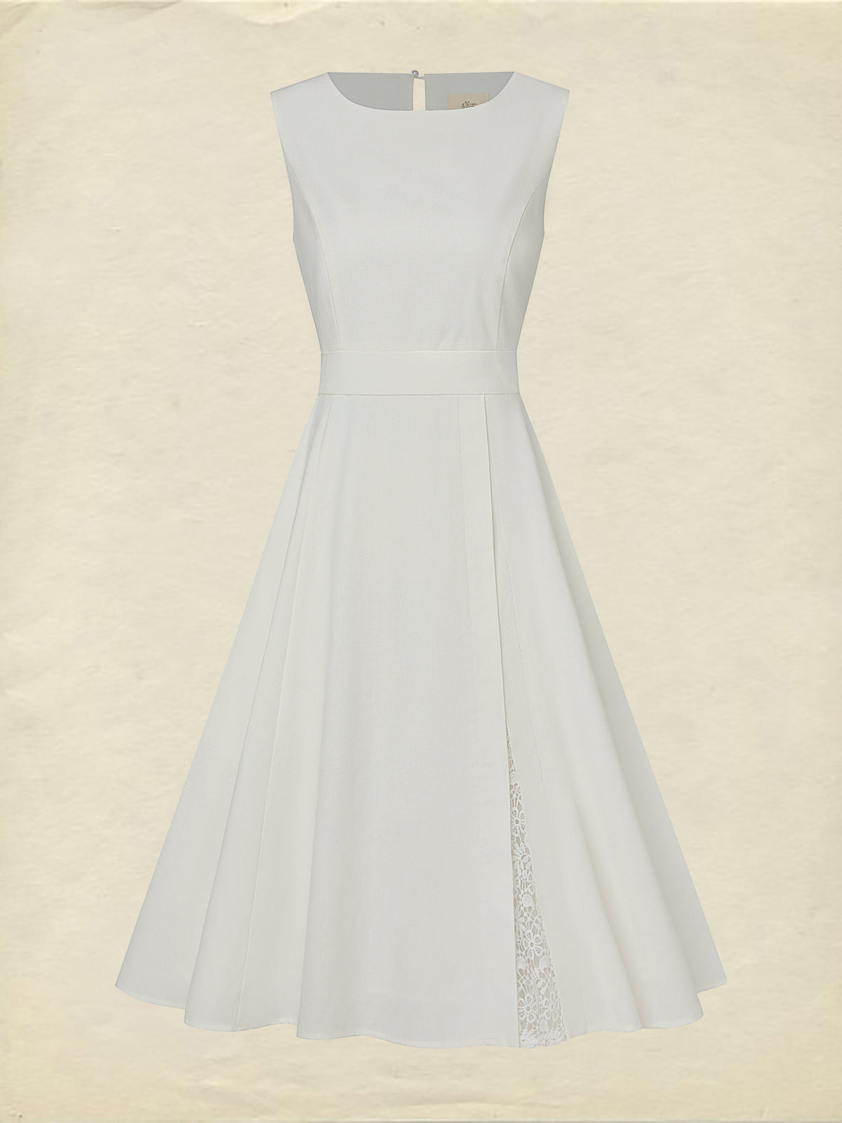 Midi Linen Dress , Sleeveless, Round Neck, Plain, Lace, French Vintage, White