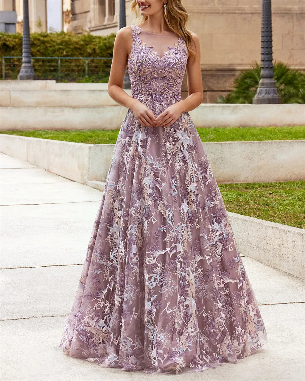 Illusion Round Neck Floral Embroidered Tulle Gown
