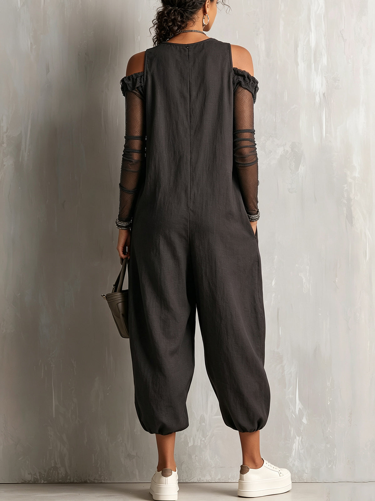Cold-Shoulder Black Ruffle Trim Harem Jumpsuit