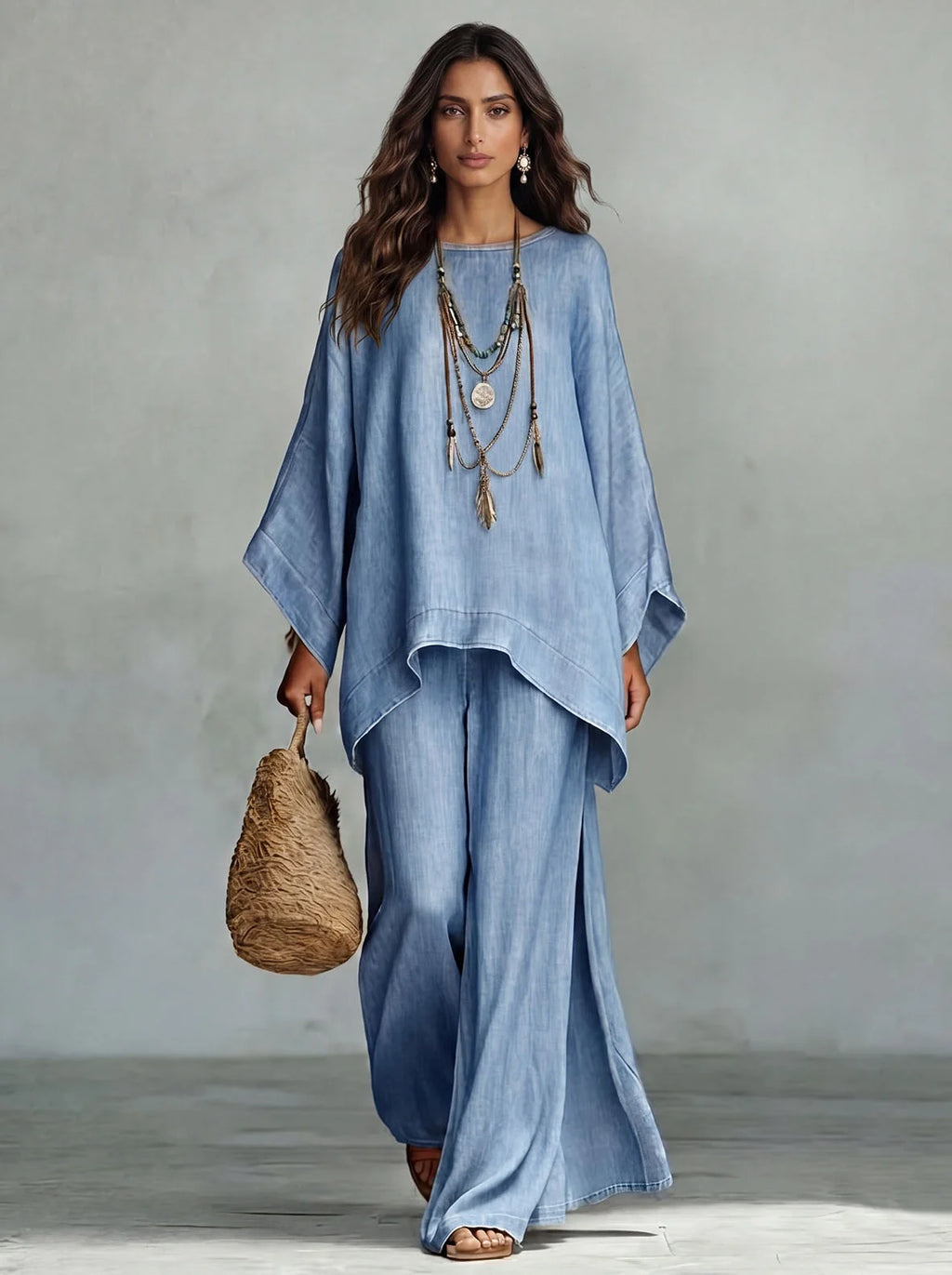 Denim Oversized Top & High‑Slit Wide Leg Pants Co‑Ord Setrd Set
