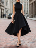Sleeveless High-Neck Asymmetric Hem A-Line Midi Dress