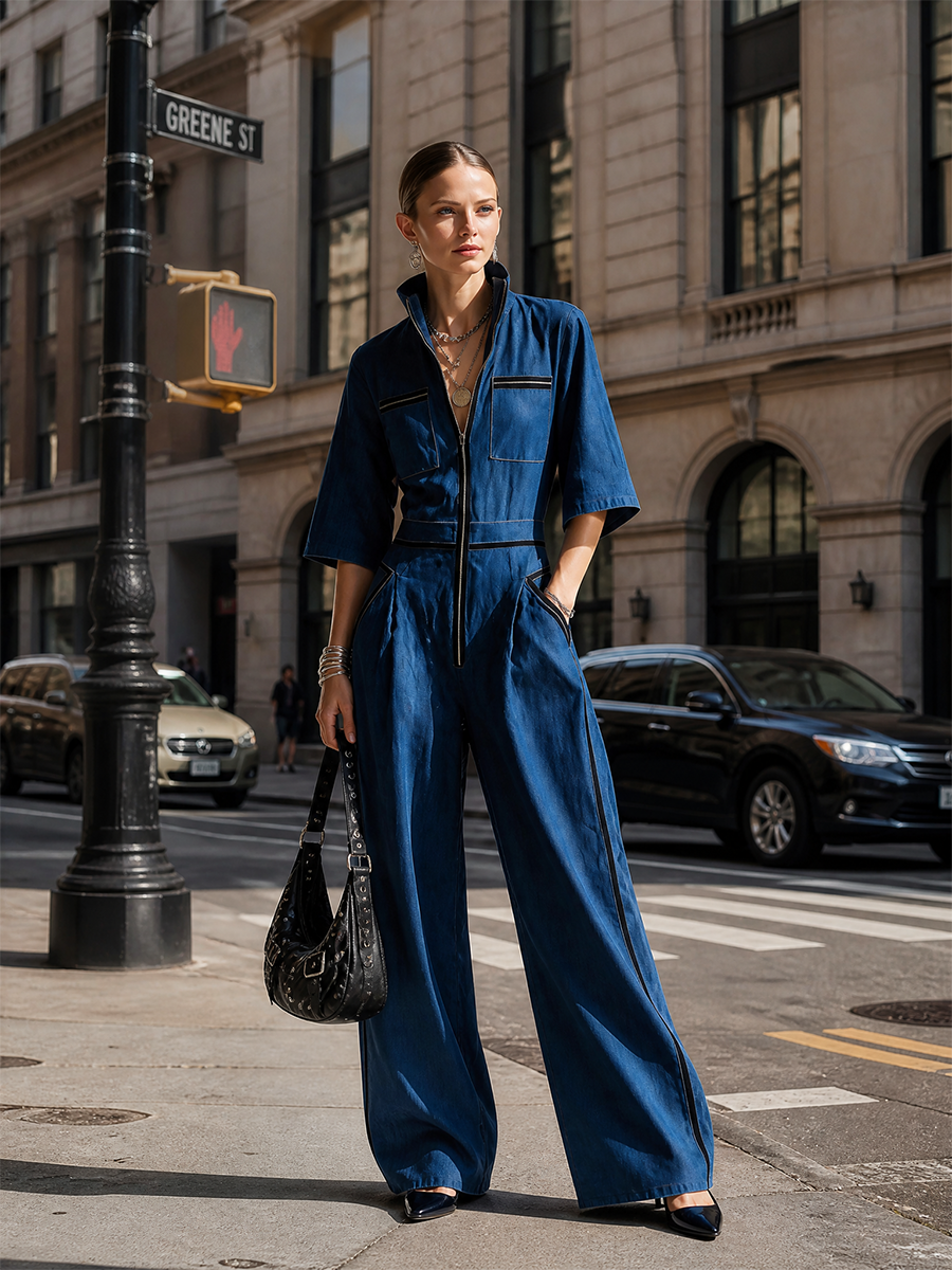 Women's Denim Stand-Collar Zip Black-Trim Cargo-Pocket Short-Sleeve Wide-Leg Jumpsuit MDZ2514H3CMX