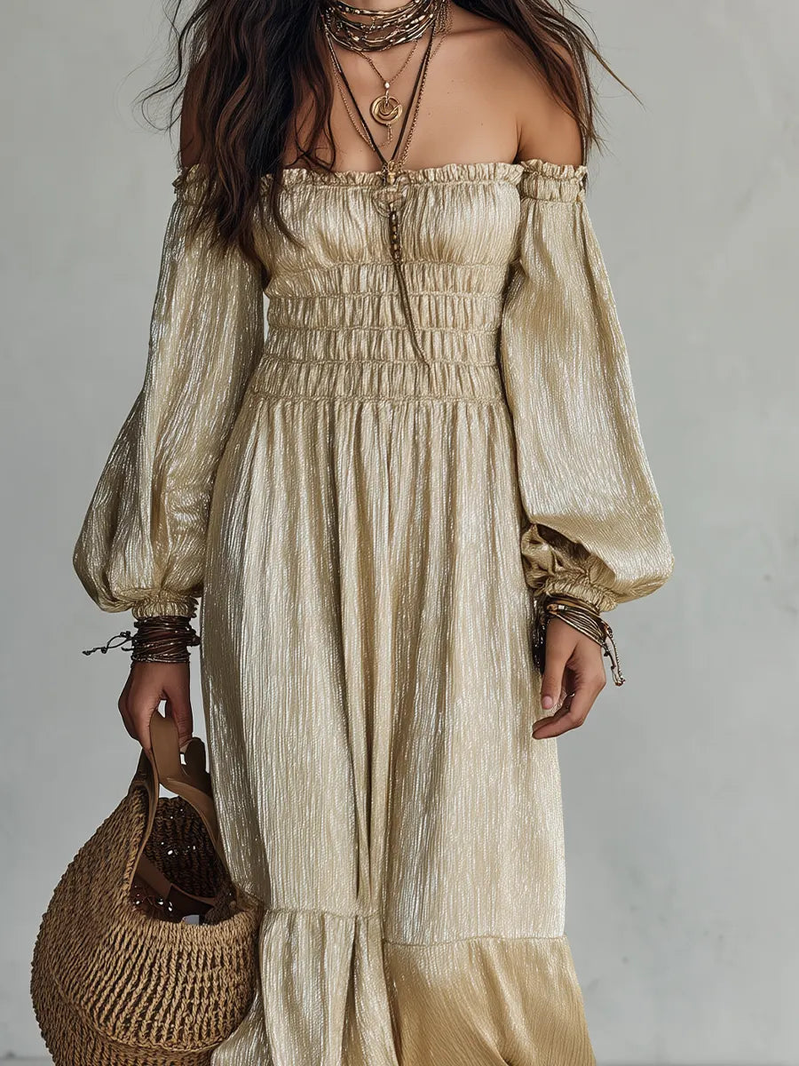 Vacation-to-Dinner Champagne Off Shoulder Maxi Dress
