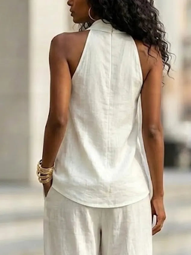 Cotton Casual Plain Halter Neck Blouse