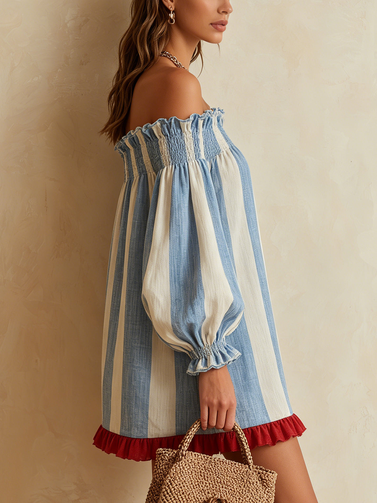 Blue And White Striped Off-Shoulder Mini Dress With Red Ruffle Hem