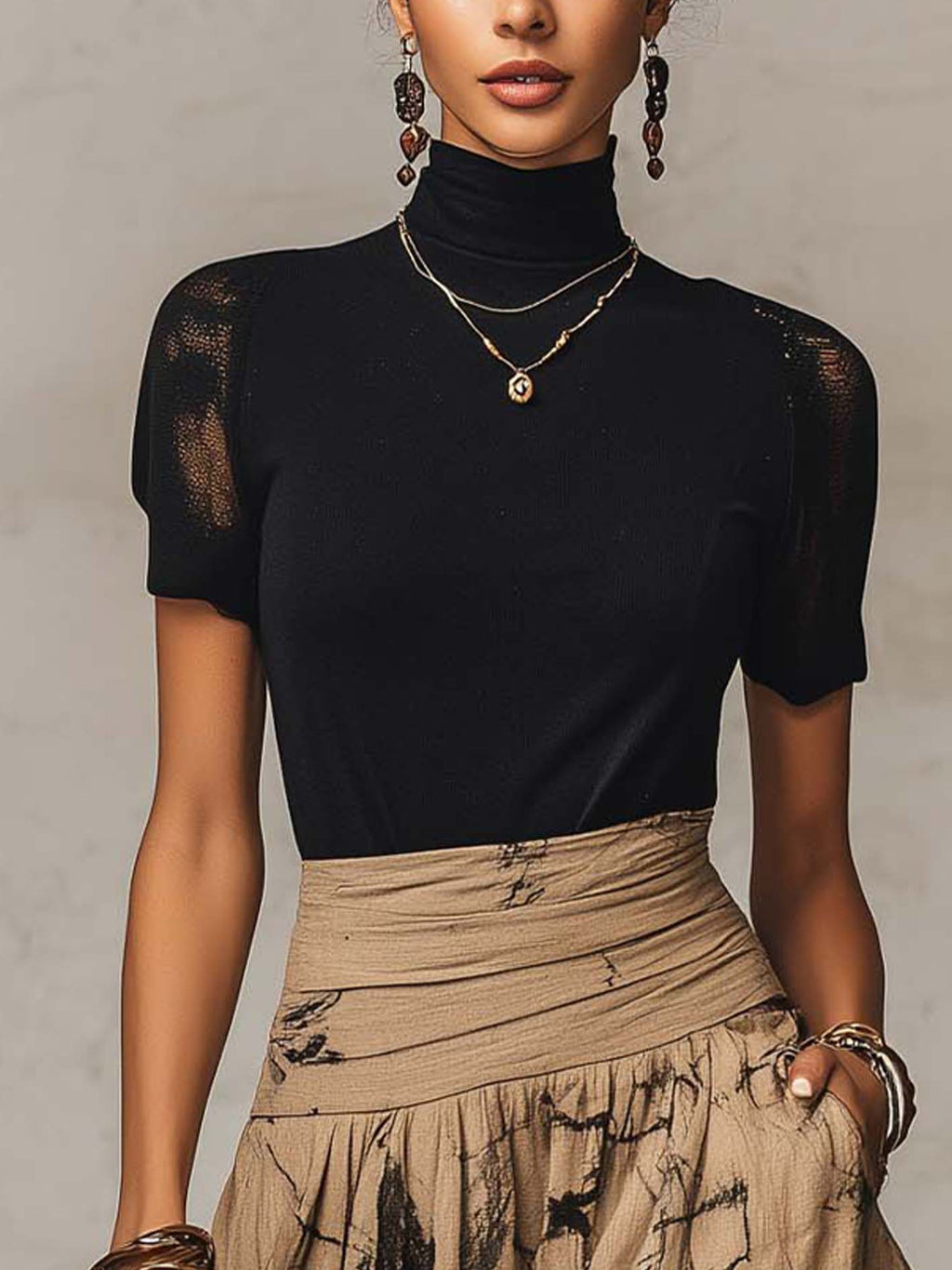 Black Mock Neck Top And Abstract Print Maxi Skirt Set With Sheer Lace Sleeves