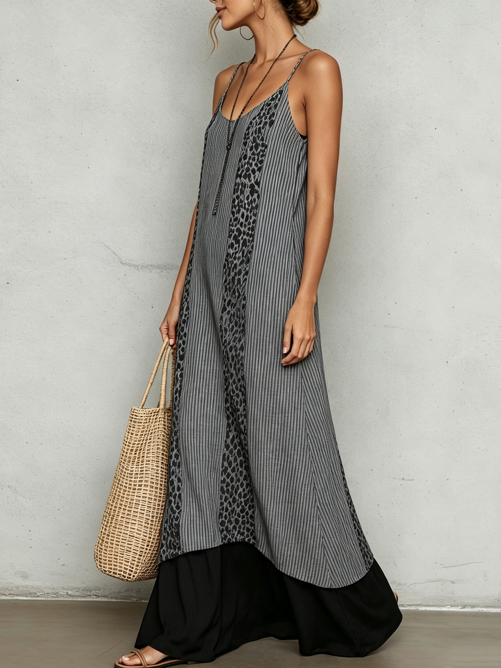 Gray Leopard Stripe Cotton Linen Maxi Dress
