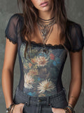 Retro Square-Neck Lace Trim Water Lily Print Mesh T-Shirt