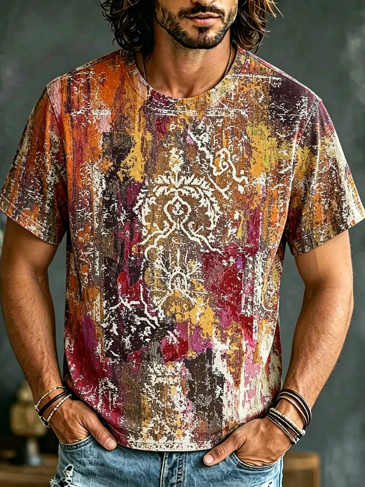 Men's Retro Tie-dye Design Cotton Linen Crew Neck Short Sleeve T-shirt
