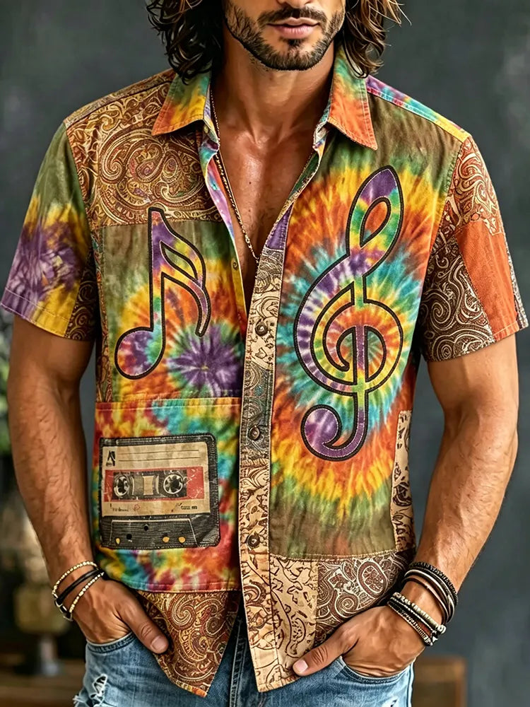 Men's Hippie Music Tie Dye Art Print Casual Shirt