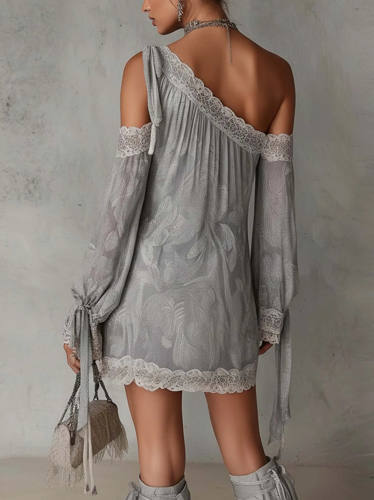 24-Hour-Shipping Light Gray Paisley Print Chiffon One Shoulder Lace Trim Mini Dress