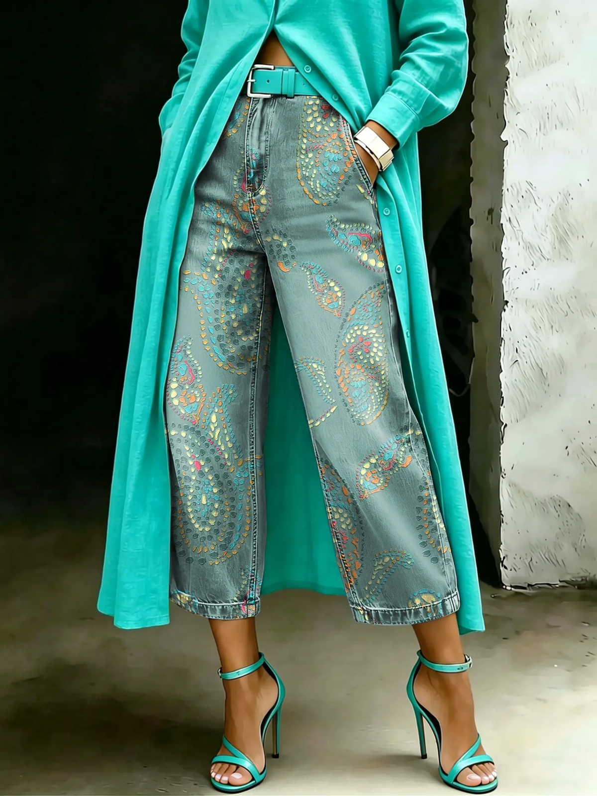 Women's Vintage Paisley Art Casual Wide Denim Pants