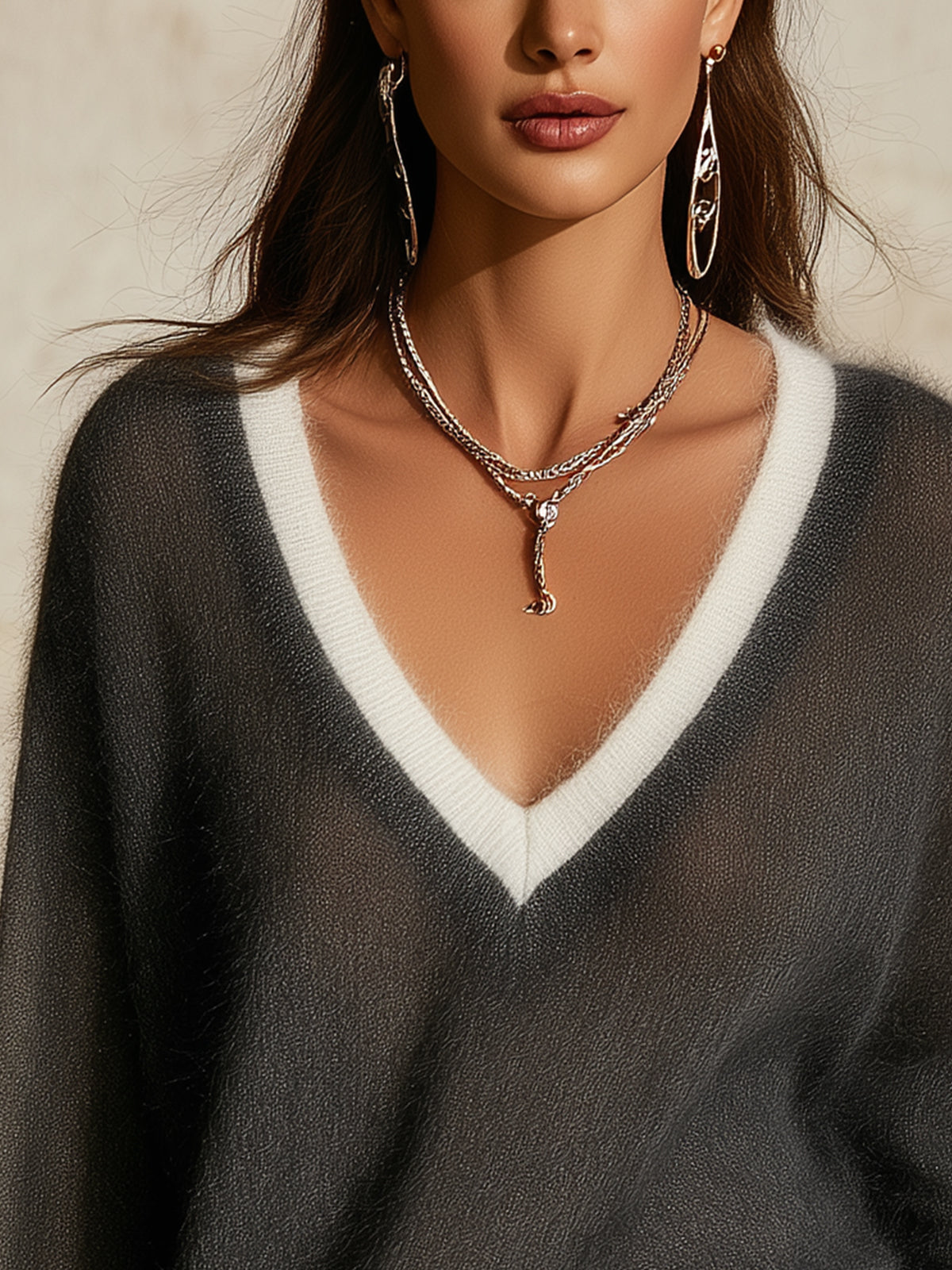 Dark Gray White Trim V-Neck Sheer Fluffy Mohair Oversized Knit Sweater