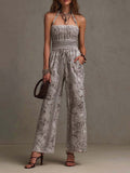 Off-White Sketch Print Cotton-Blend Halter Smocked-Waist Wide-Leg Jumpsuit
