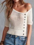 Boho Ivory Asymmetric Neck Open Knit Button Knit Blouse