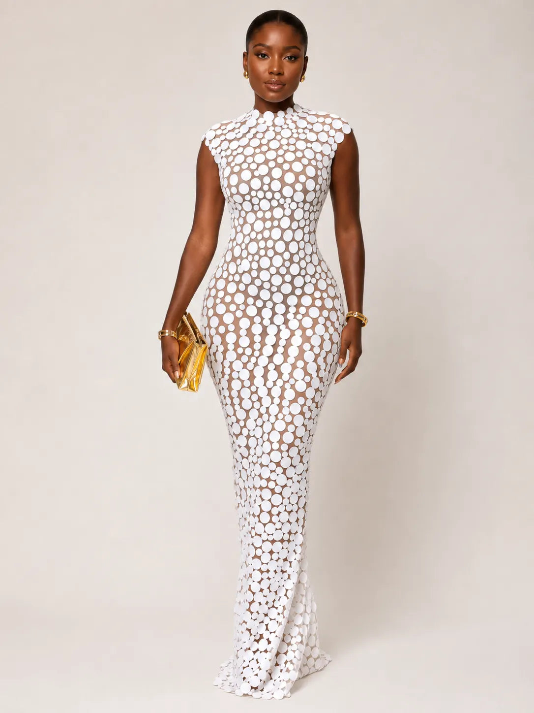 Ivory Disc Appliqué Sheer Mesh Bodycon Maxi Dress