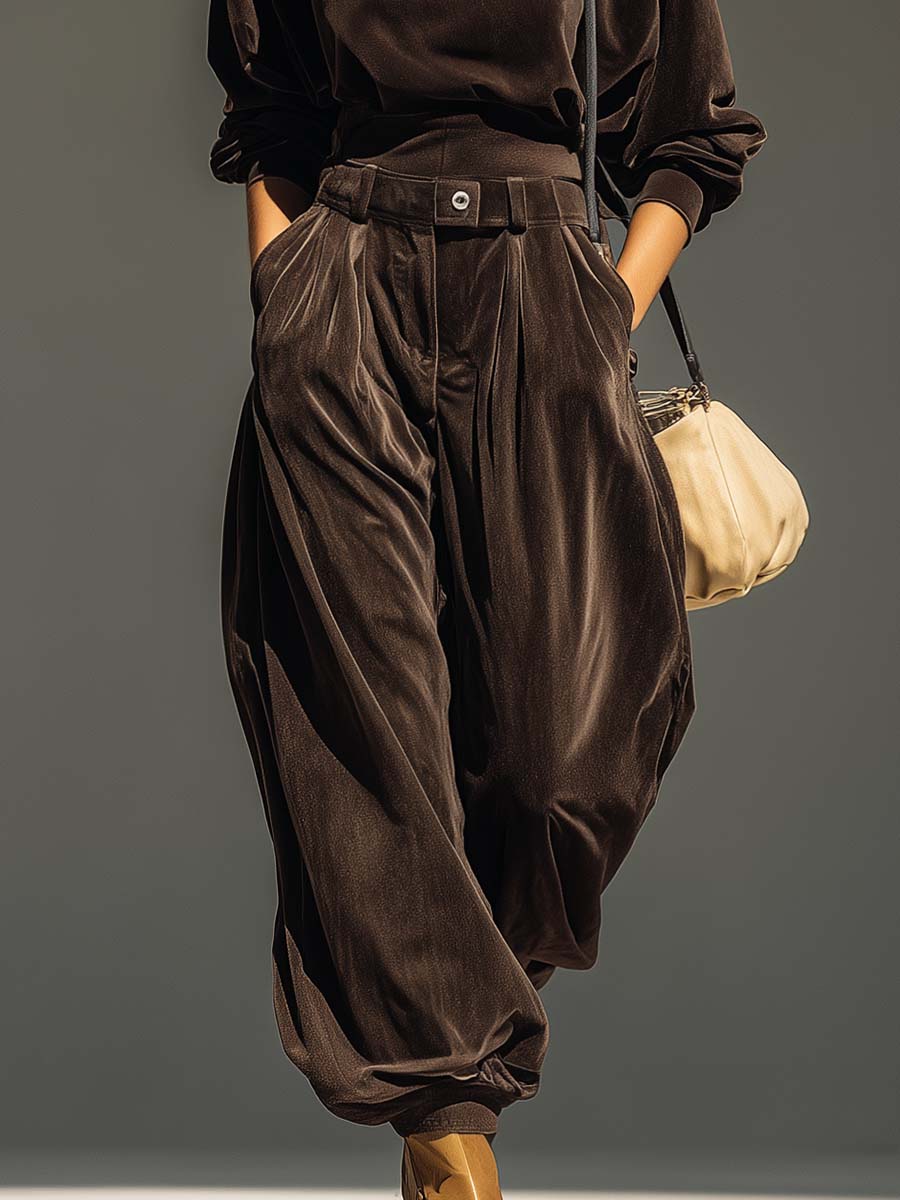 Vintage Sophisticated Casual Brown Velvet Hoodie And Loose Pants Set