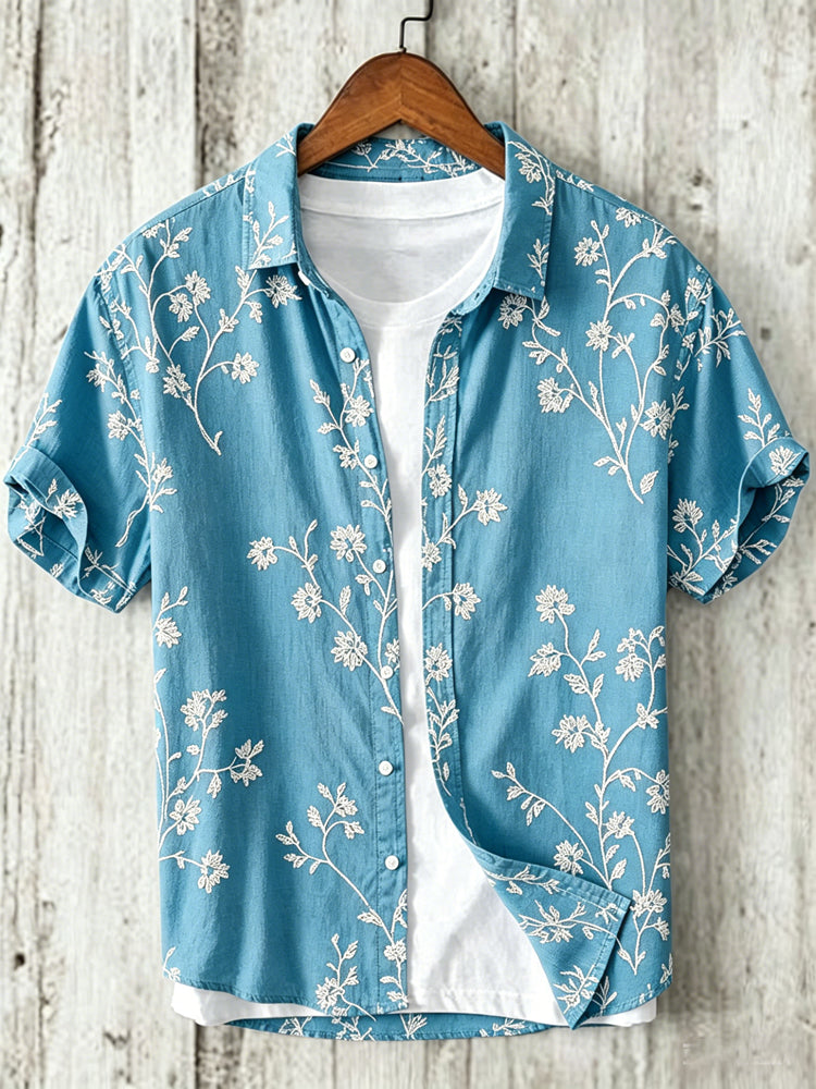 Men's Vintage Floral Art Print Flowy Linen Blend Short Sleeve Shirt