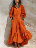 Women's Casual Orange Cotton-Linen Maxi Dress With Half-Zip Collar And Three-Quarter Sleeves MDZ2433G0LXY
