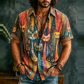 Men's Retro Hippie With Ctue Cat Art Pattern Casual Washed Shirt
