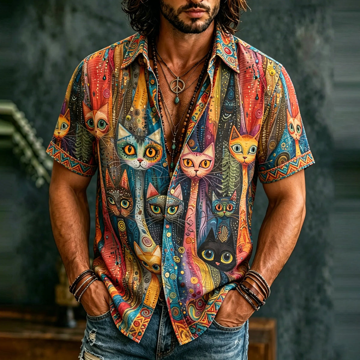 Men's Retro Hippie With Ctue Cat Art Pattern Casual Washed Shirt