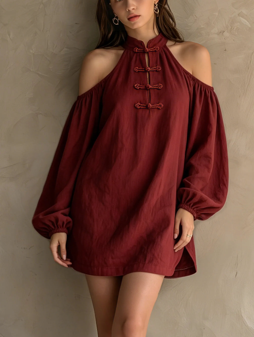 Women's Casual Dark Red Cotton-linen Off-shoulder Long-sleeve Mini Dress MDZ2597F7LXY