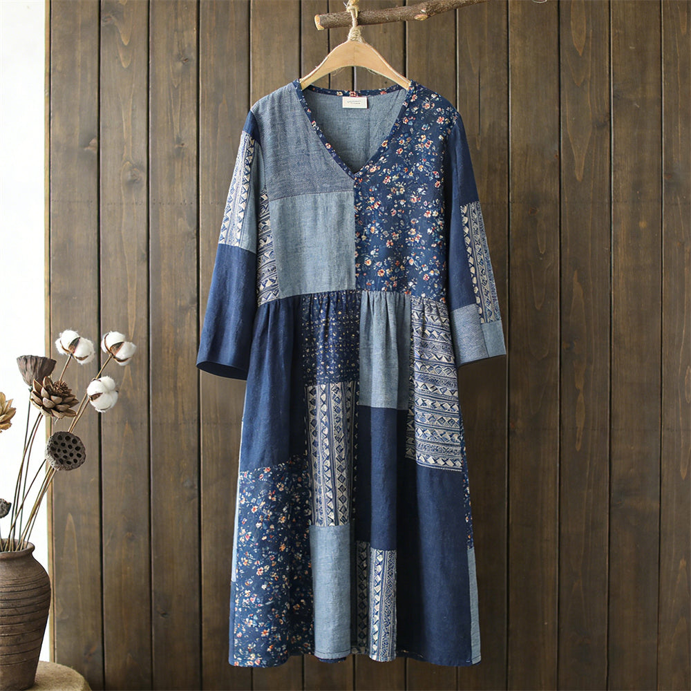 Japanese Vintage Geometric Floral Patchwork Women's Linen Maxi Dress