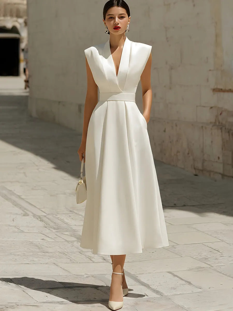 Elegant V-Neck Sleeveless Belted A-Line Midi Dress