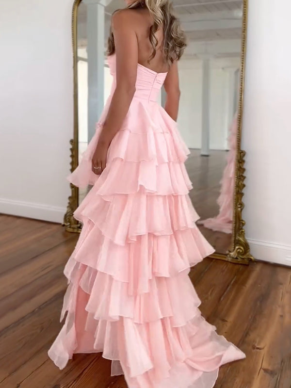 Solid Color Sleeveless Tube Ruffled Evening Gauze Maxi Dresses