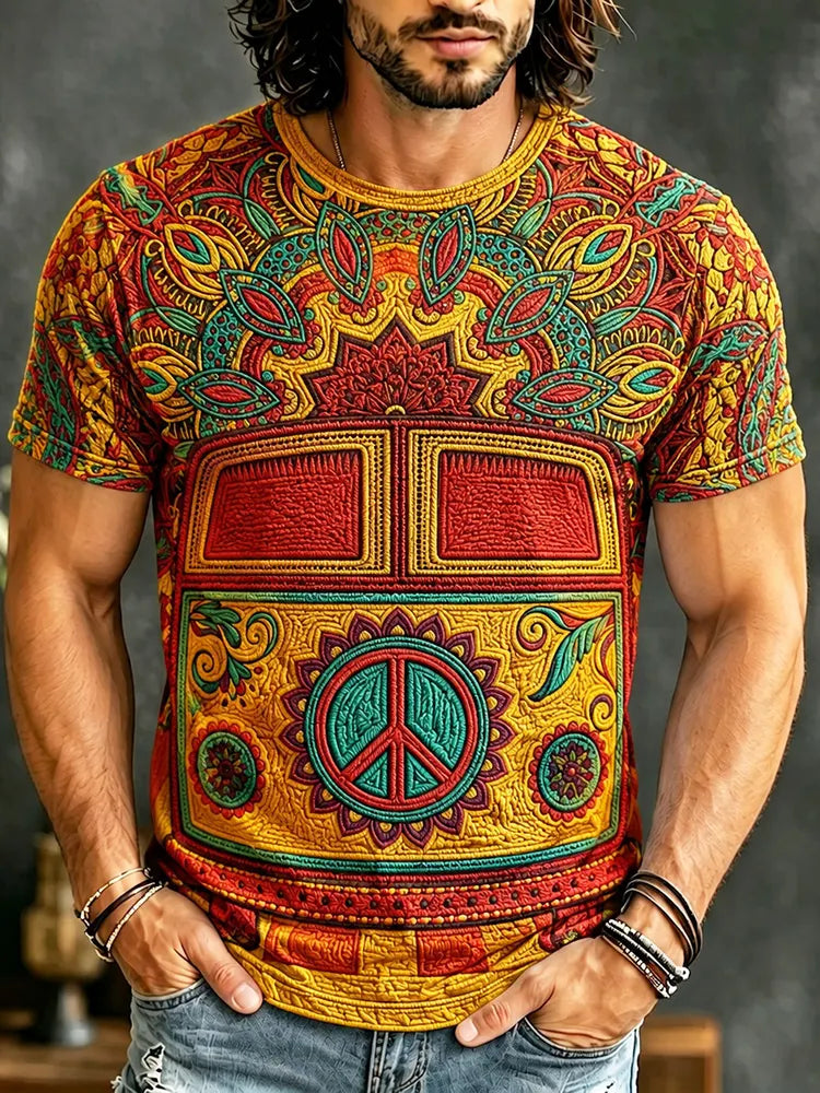 Men's Retro Hippie Art Print Crew Neck Short Sleeve T-shirt