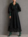 Contrast Collar Puff Sleeve Lace Hem Maxi Dress Set
