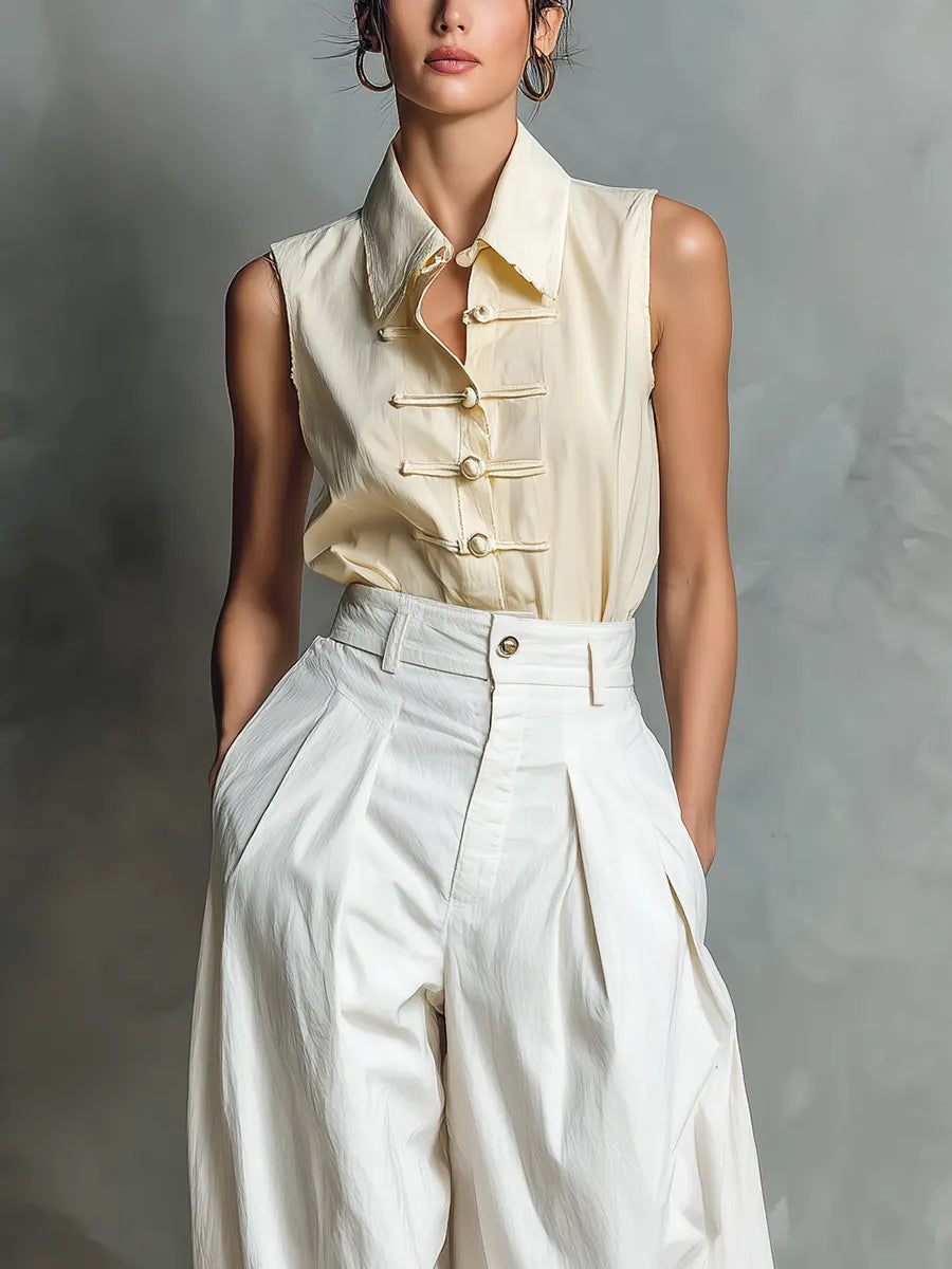 Women’s Cream Sleeveless Frog-Button Blouse & White High-Waisted Pleated Balloon Pants Two-Piece Set With Pockets MDZ2505D7T