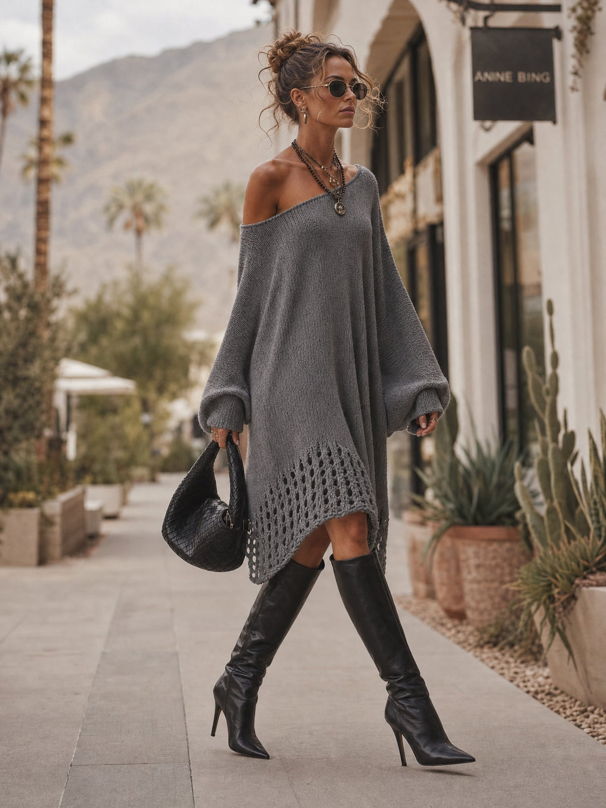 Gray Open Knit Midi Dress