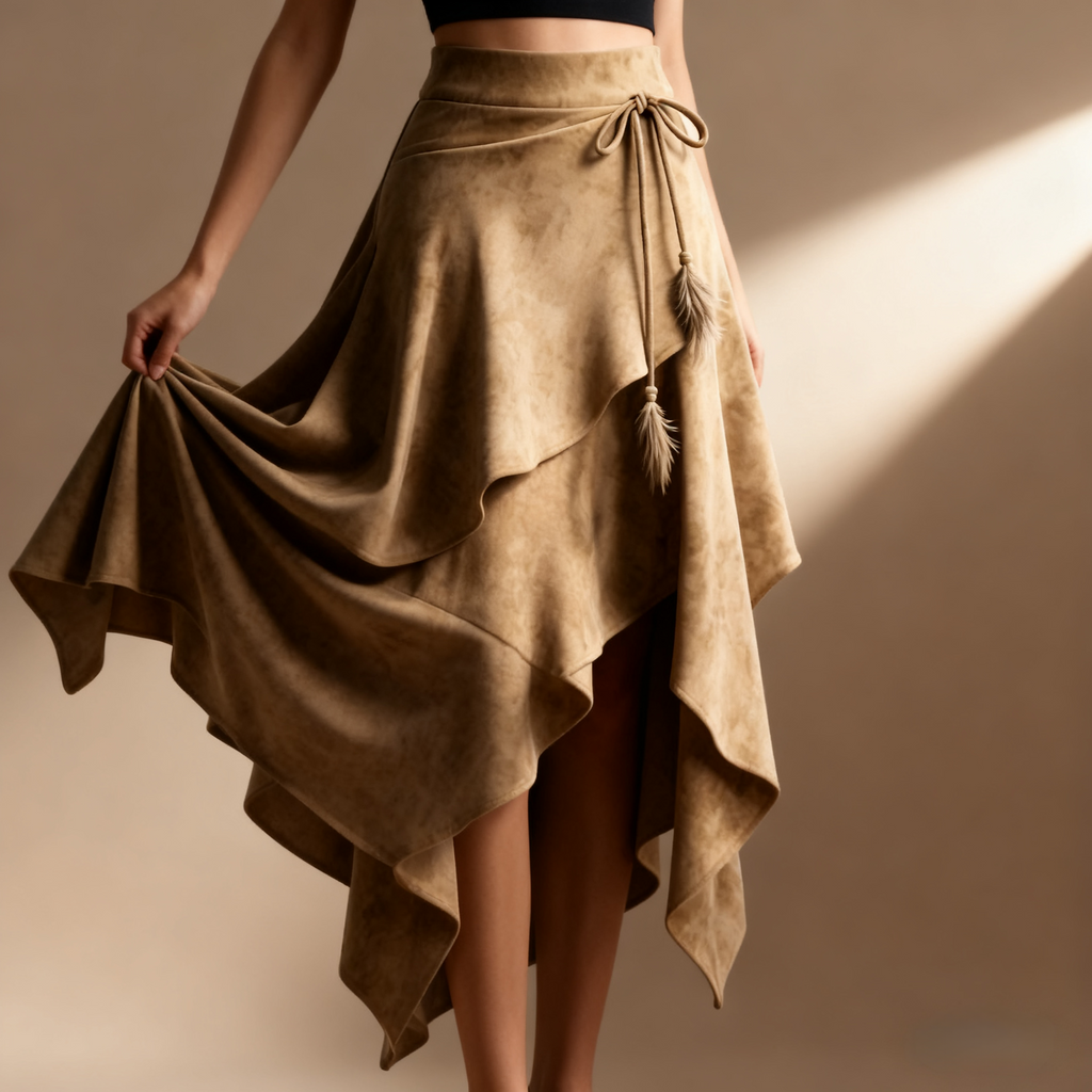 Retro Western Style Irregular Design Suede Skirt