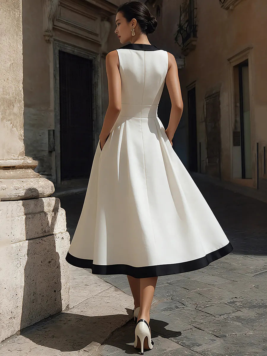 Elegant V-Neck A-Line Midi Dress With Contrast Trim And Pockets