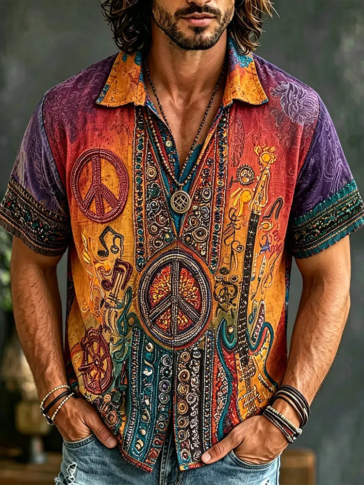 Retro Hippie Peace Sign Embroidered Short Sleeve Button Down Shirt, Boho Music Guitar Print Vintage Washed Linen Shirt For Men